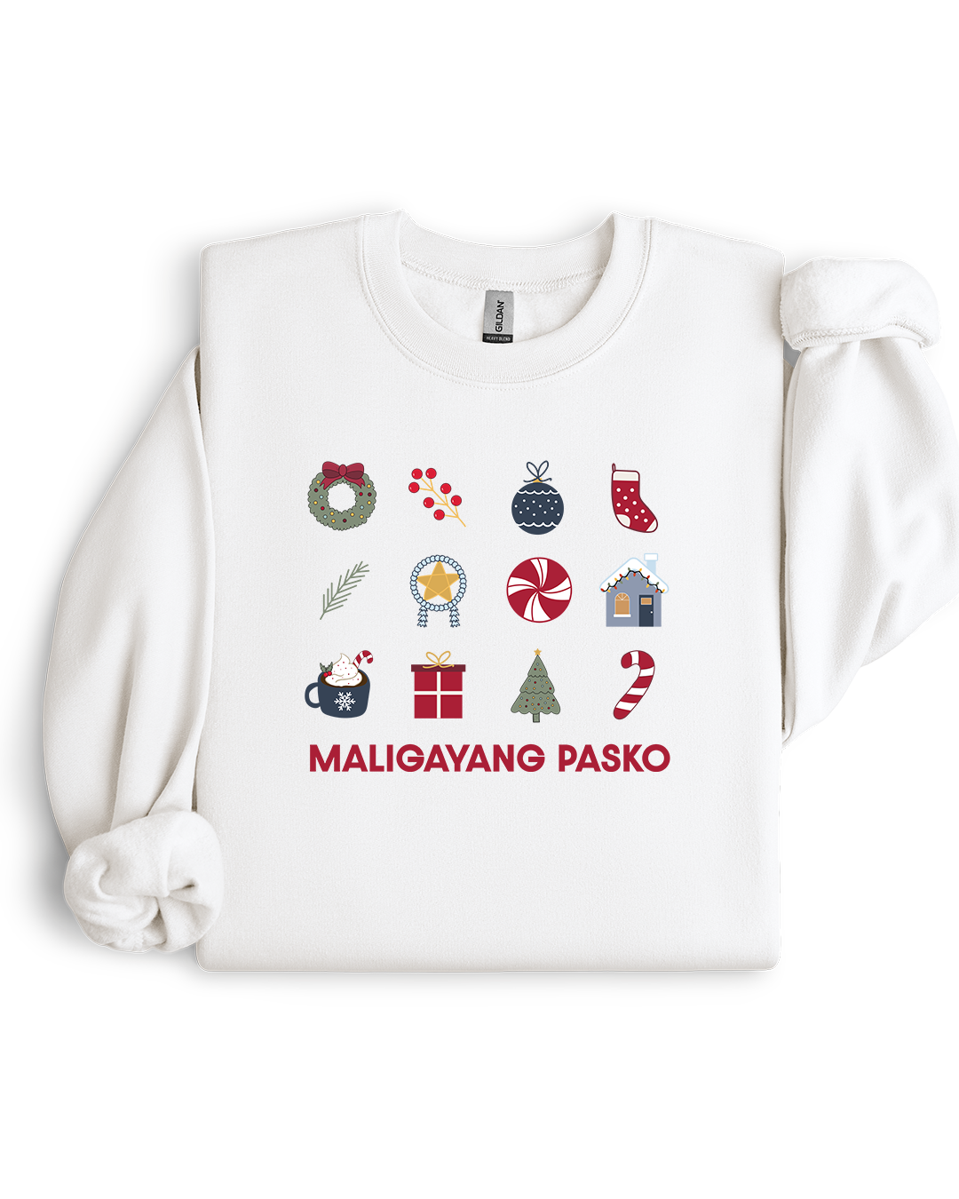White sweatshirt with Maligayang Pasko message, christmas themed graphics and text on a white background using 