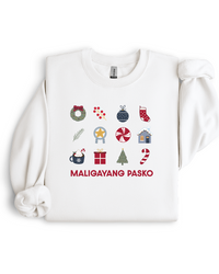 White sweatshirt with Maligayang Pasko message, christmas themed graphics and text on a white background using 