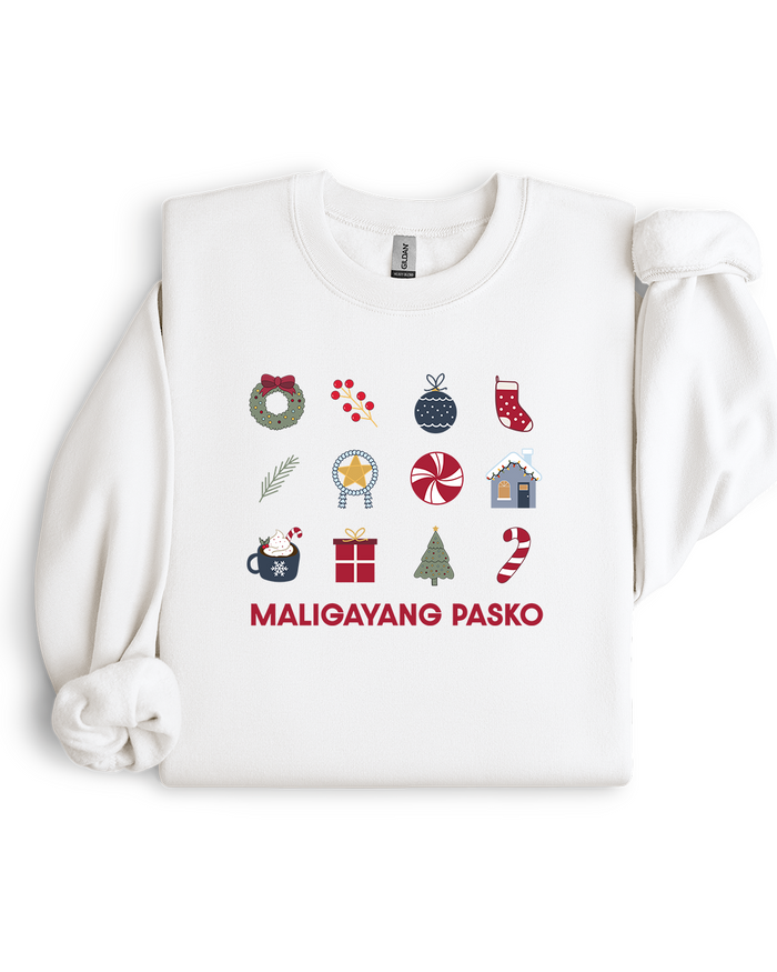 White sweatshirt with Maligayang Pasko message, christmas themed graphics and text on a white background using 