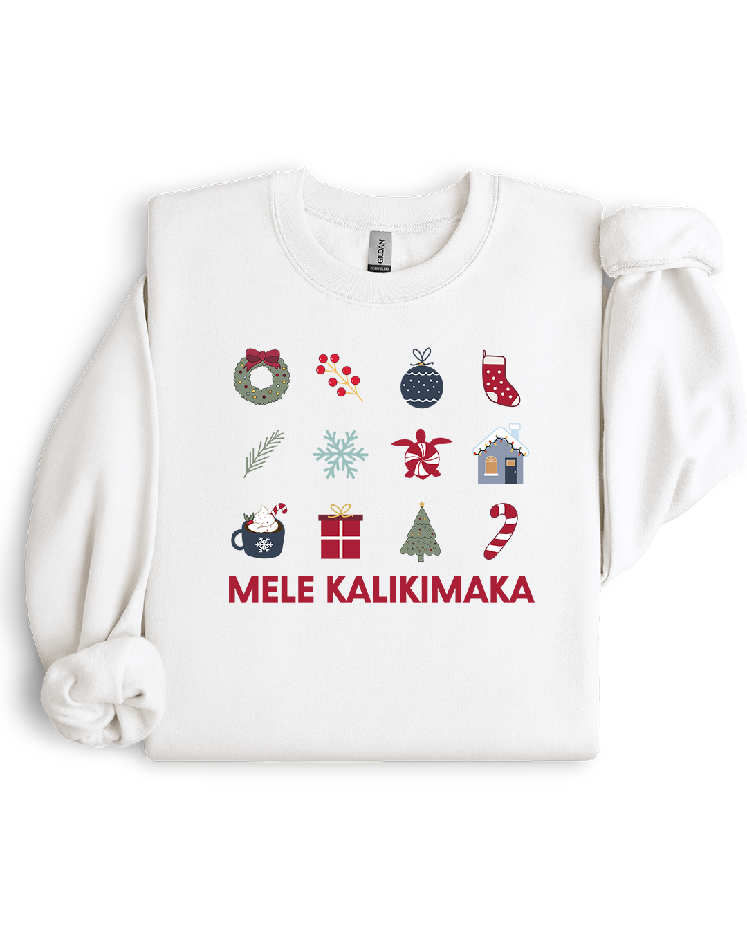 White sweatshirt with Christmas-themed graphics and 'Mele Kalikimaka' text on a white background