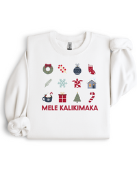 White sweatshirt with Christmas-themed graphics and 'Mele Kalikimaka' text on a white background