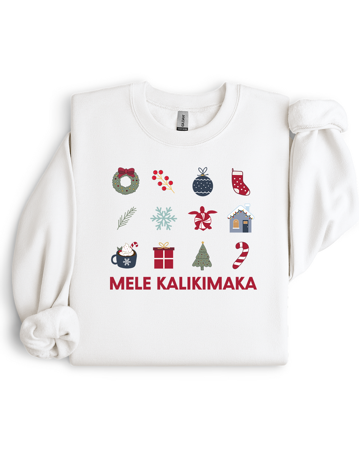 White sweatshirt with Christmas-themed graphics and 'Mele Kalikimaka' text on a white background