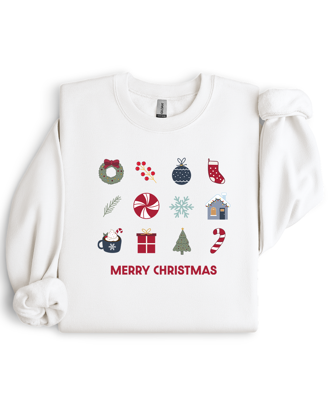 White sweatshirt with Christmas-themed graphics and 'Merry Christmas' text on a white background