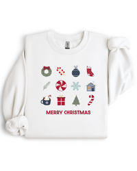 White sweatshirt with Christmas-themed graphics and 'Merry Christmas' text on a white background