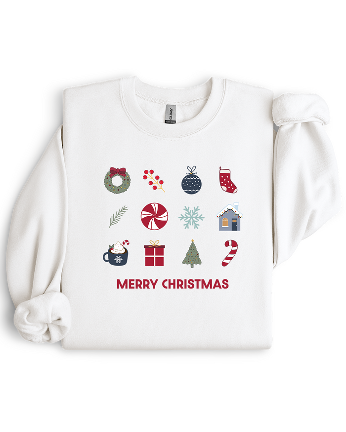 White sweatshirt with Christmas-themed graphics and 'Merry Christmas' text on a white background